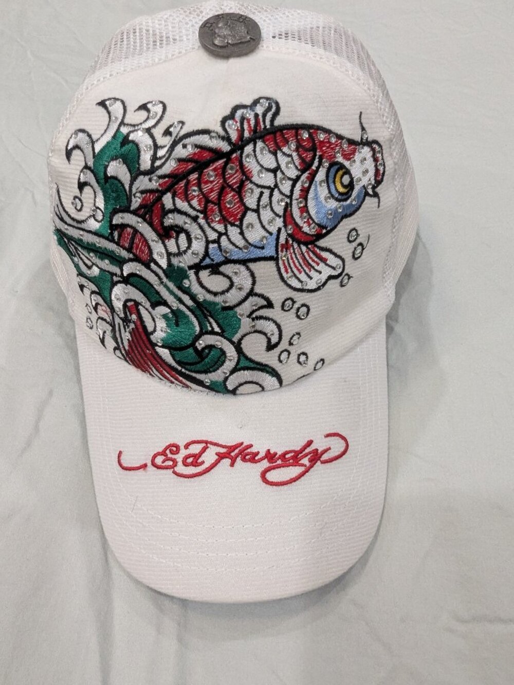 Vintage Don Ed Hardy White Trucker Hat Koi Fish Embroidered Rhinestone Snapback
